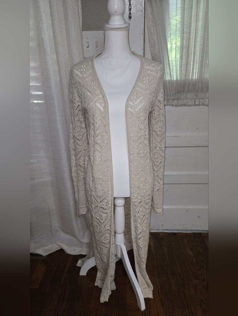 Long Open-Front Crochet Cardigan in Cream